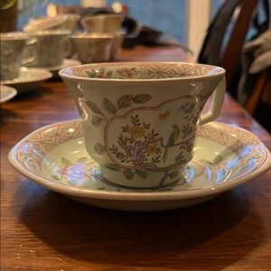 Adams Calyx Ware China Teacups and Saucers. Singapore Bird pattern.